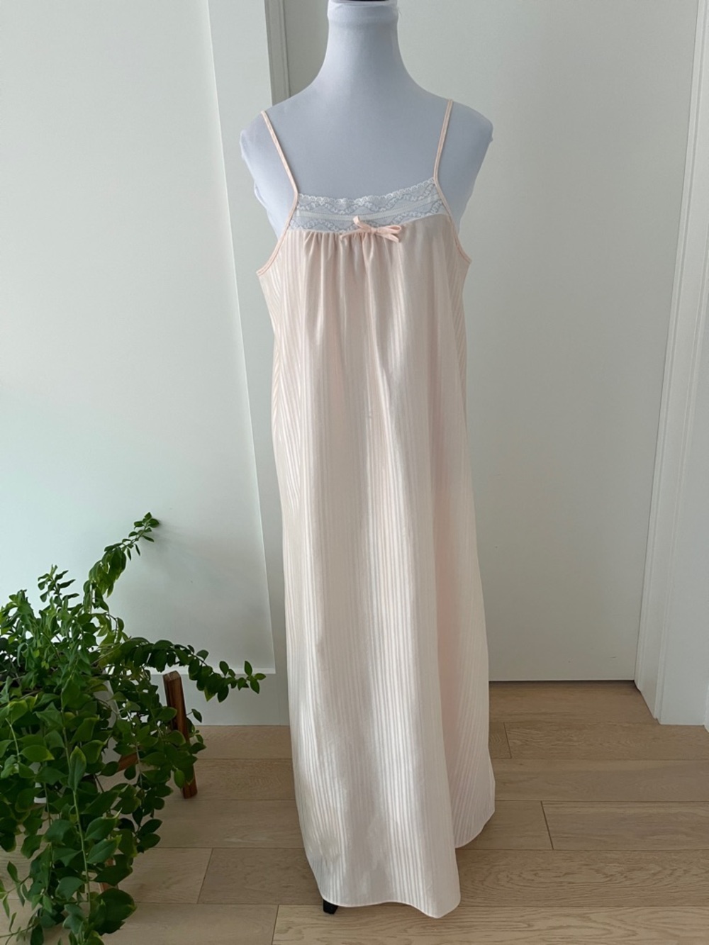 VINTAGE High Life Maxi Slip Nightgown Spaghetti Strap Lace Trim Stripes Feminine